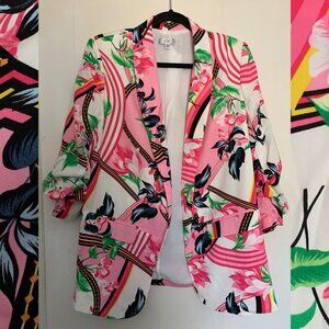 Ovi bright abstract open front blazer with gathered sleeves size L